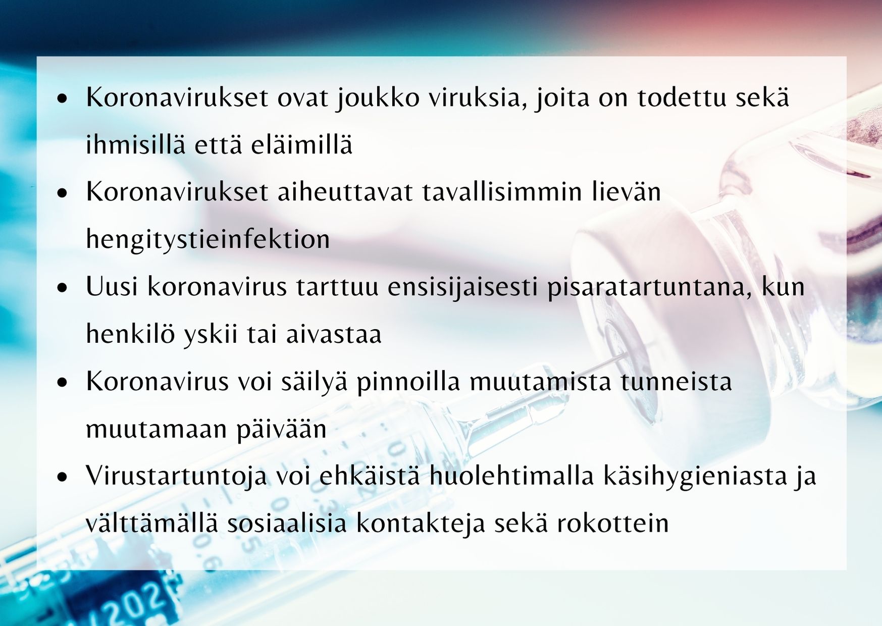 Koronavirukset ovat joukko viruksia, joita on todettu sekä ihmisillä että eläimillä Koronavirukset aiheuttavat tavallisimmin lievän hengitystieinfektion Uusi koronavirus tarttuu ensisijaisesti pisaratartuntana, kun